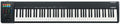 Full-length black and white MIDI keyboard controller with colored pads, knobs, buttons, and two levers on the left side.