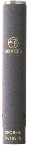Cylindrical black microphone with silver connector and SCHOEPS branding on its body.
