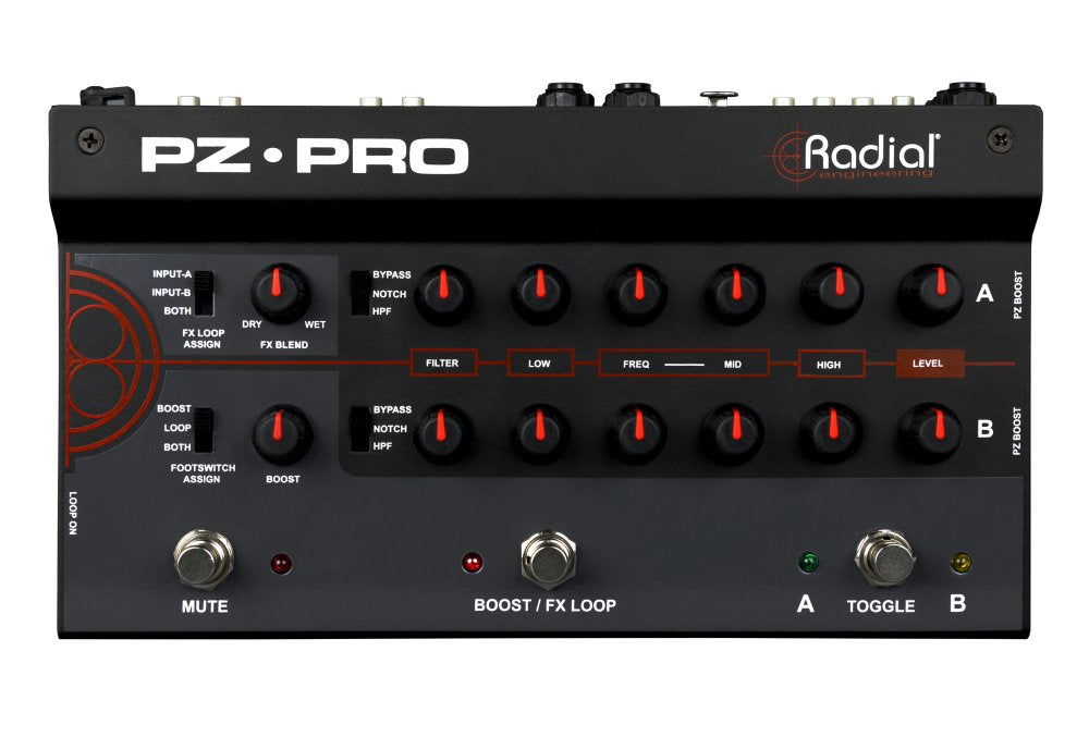 Black Radial Engineering PZ-PRO audio equalizer with knobs, toggle switches, and footswitches for two channels.