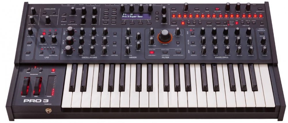 Black synthesizer keyboard with multiple knobs, sliders, buttons, and a digital screen displaying Pro 3 Super Saw.