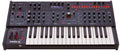 Black synthesizer keyboard with multiple knobs, sliders, buttons, and a digital screen displaying Pro 3 Super Saw.