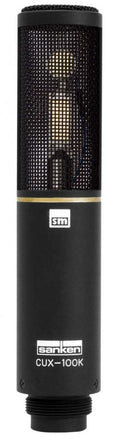 Black cylindrical microphone with mesh grille and visible internal components, labeled Sanken CUX-100K.