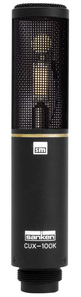 Black cylindrical microphone with mesh grille and visible internal components, labeled Sanken CUX-100K.