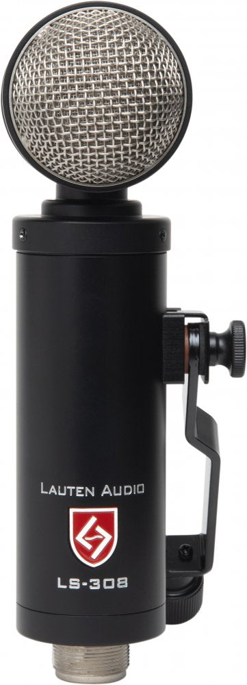 Black cylindrical microphone with metal mesh grille and attached adjustable mount.