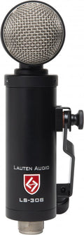 Black cylindrical microphone with metal mesh grille and attached adjustable mount.