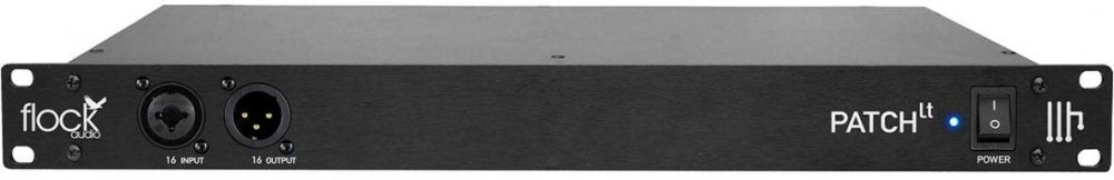 Front panel of black rackmount audio patchbay with combo input, XLR output, power switch, and indicator light