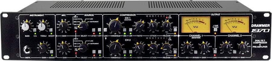 Front panel of a Drawmer 1970 dual F.E.T. compressor preamplifier with knobs, switches, and VU meters.
