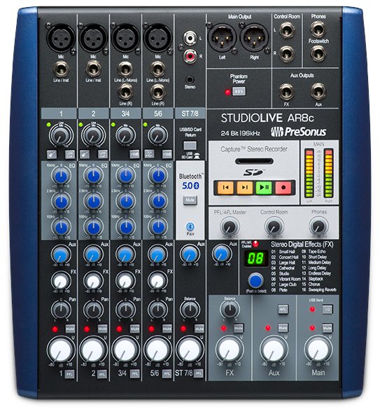 Top view of Presonus StudioLive AR8c audio mixer with multiple input channels and control knobs.