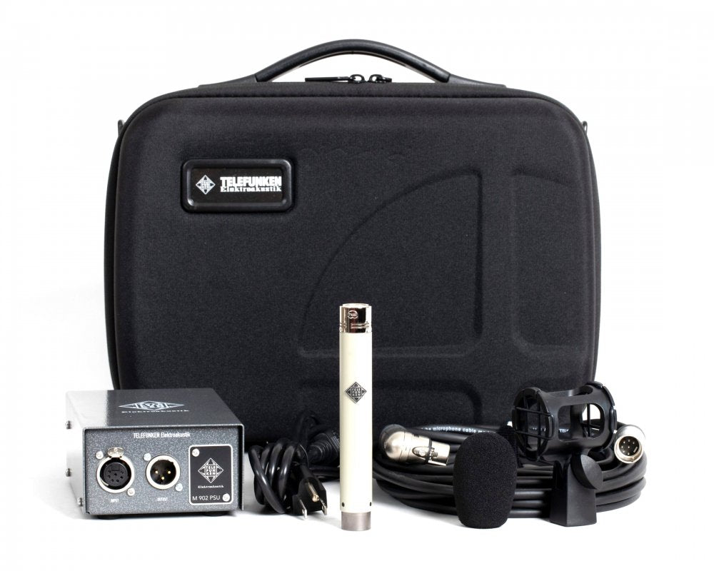Studio microphone set with microphone, power supply, XLR cable, shock mount, windscreen, and carrying case.