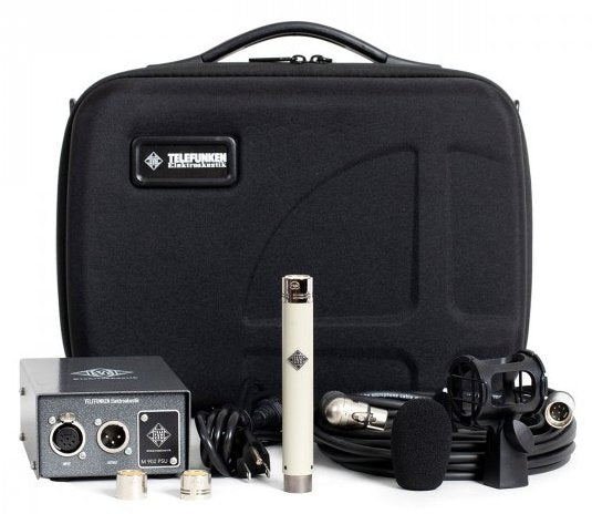 Telefunken audio microphone set with power supply, microphone, cable, clips, capsules, and carrying case.