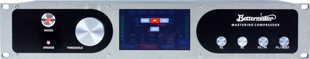 Front panel of a audio mastering compressor with rotary controls, buttons, and a color touchscreen display.