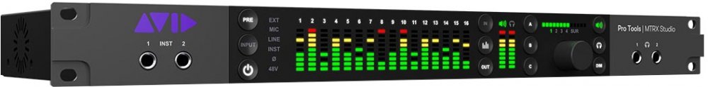 Black rackmount audio interface with LED meters, knobs, buttons, and two 1/4 inch instrument inputs on front panel.