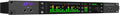 Black rackmount audio interface with LED meters, knobs, buttons, and two 1/4 inch instrument inputs on front panel.