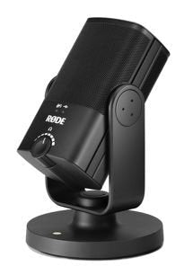 Black desktop microphone with rotary knob and USB port on swivel stand.
