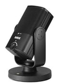 Black desktop microphone with rotary knob and USB port on swivel stand.