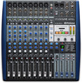 Top view of a black and blue audio mixer with multiple input channels, faders, knobs, buttons, and various audio connectors.