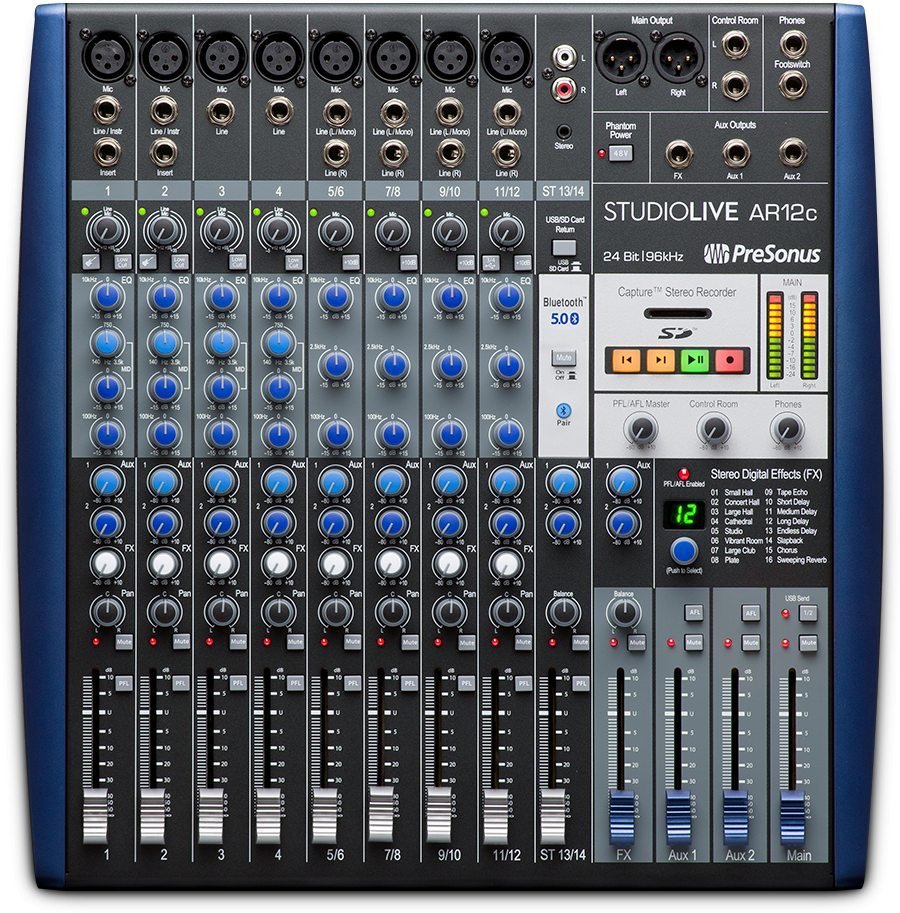 Top view of a black and blue audio mixer with multiple input channels, faders, knobs, buttons, and various audio connectors.