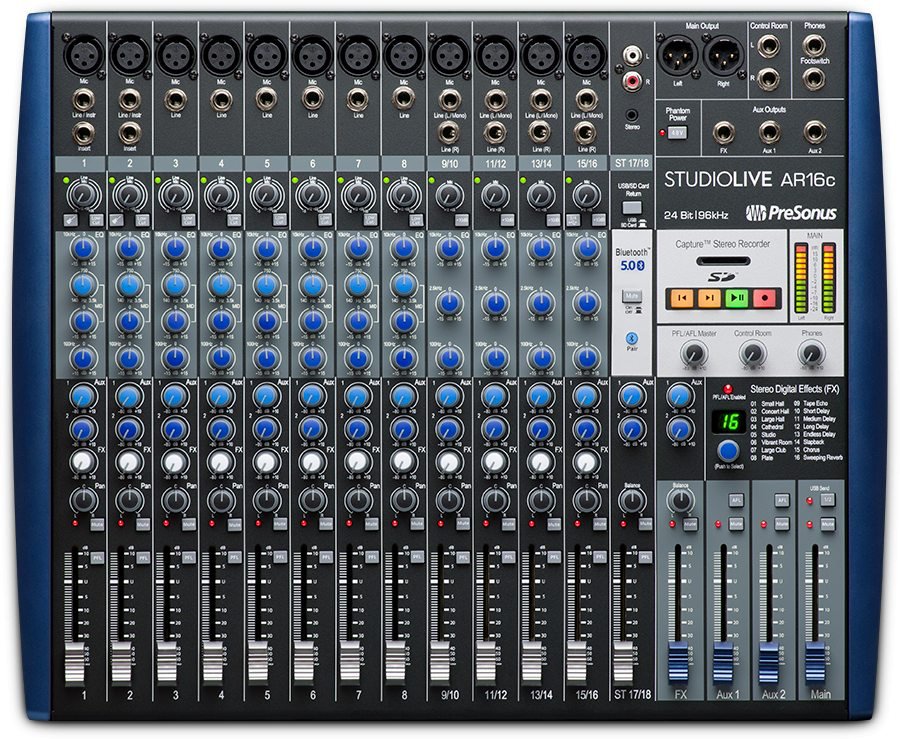 Top view of a PreSonus StudioLive AR16c audio mixer with multiple input channels and control knobs.