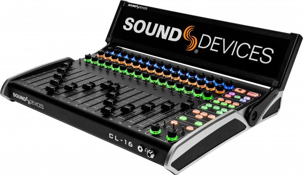 Black Sound Devices CL-16 audio mixer with multiple faders, knobs, and buttons illuminated in various colors on a white background.