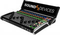 Black Sound Devices CL-16 audio mixer with multiple faders, knobs, and buttons illuminated in various colors on a white background.