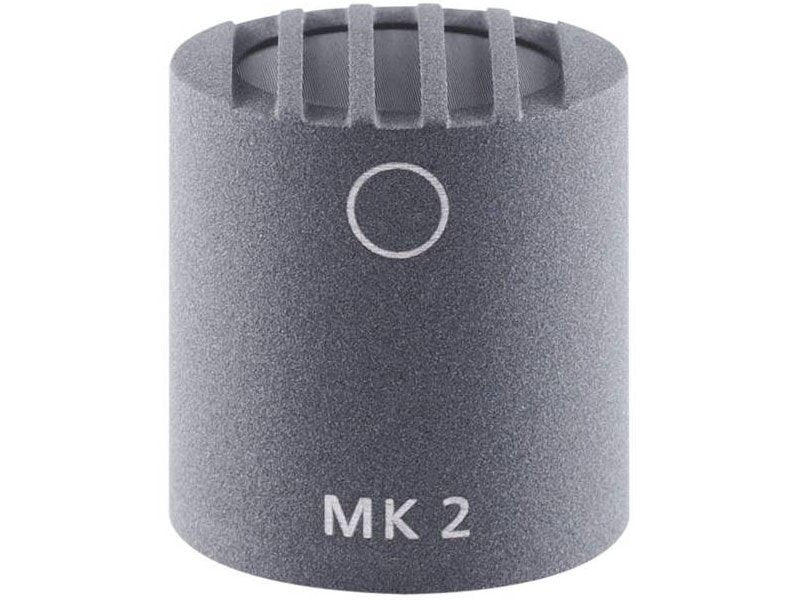 Front view of a gray cylindrical microphone capsule marked MK 2 with a circular logo above the text.