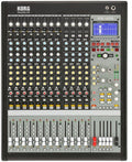 Top view of a KORG MW-1608 hybrid analog/digital audio mixer with multiple knobs, faders, buttons, and a digital display.