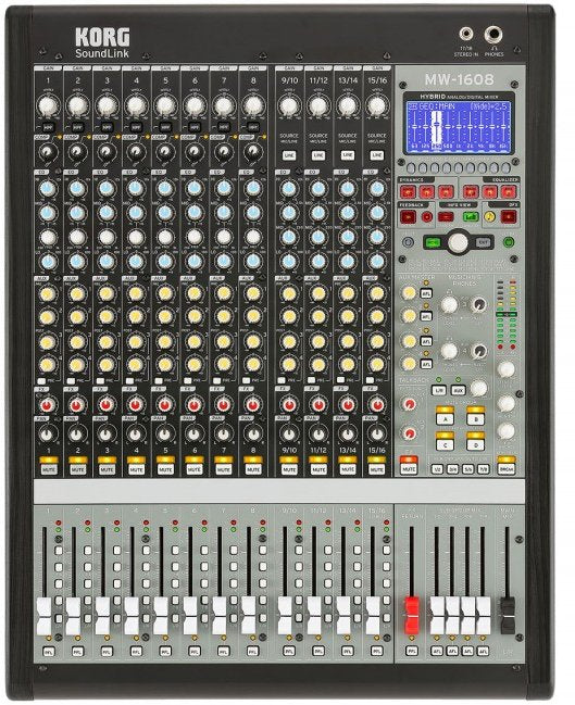 Top view of a KORG MW-1608 hybrid analog/digital audio mixer with multiple knobs, faders, buttons, and a digital display.