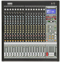 Top view of Korg MW-2408 mixer with multiple rotary knobs, sliders, buttons, and a blue backlit display panel.