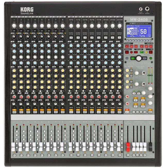 Top view of Korg MW-2408 mixer with multiple rotary knobs, sliders, buttons, and a blue backlit display panel.