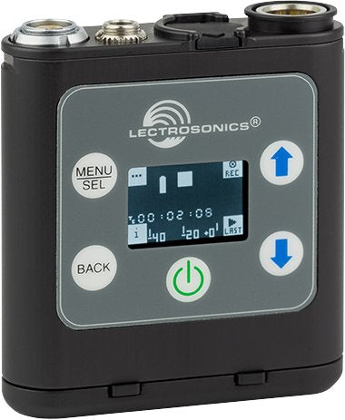 Compact black audio device with screen, several buttons, and two connectors on top.