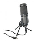 Black USB microphone mounted on a small tripod stand with USB cable connected