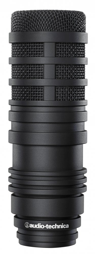 Black cylindrical microphone with mesh grille and audio-technica logo on the body.