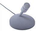 Gray tabletop microphone mounted on a round base with an attached cable.