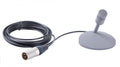 Gray tabletop microphone with attached cable and 3-pin male XLR connector on coiled cable.