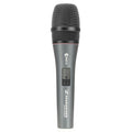 Black and gray handheld microphone with a mesh grille and on/off switch on the body.