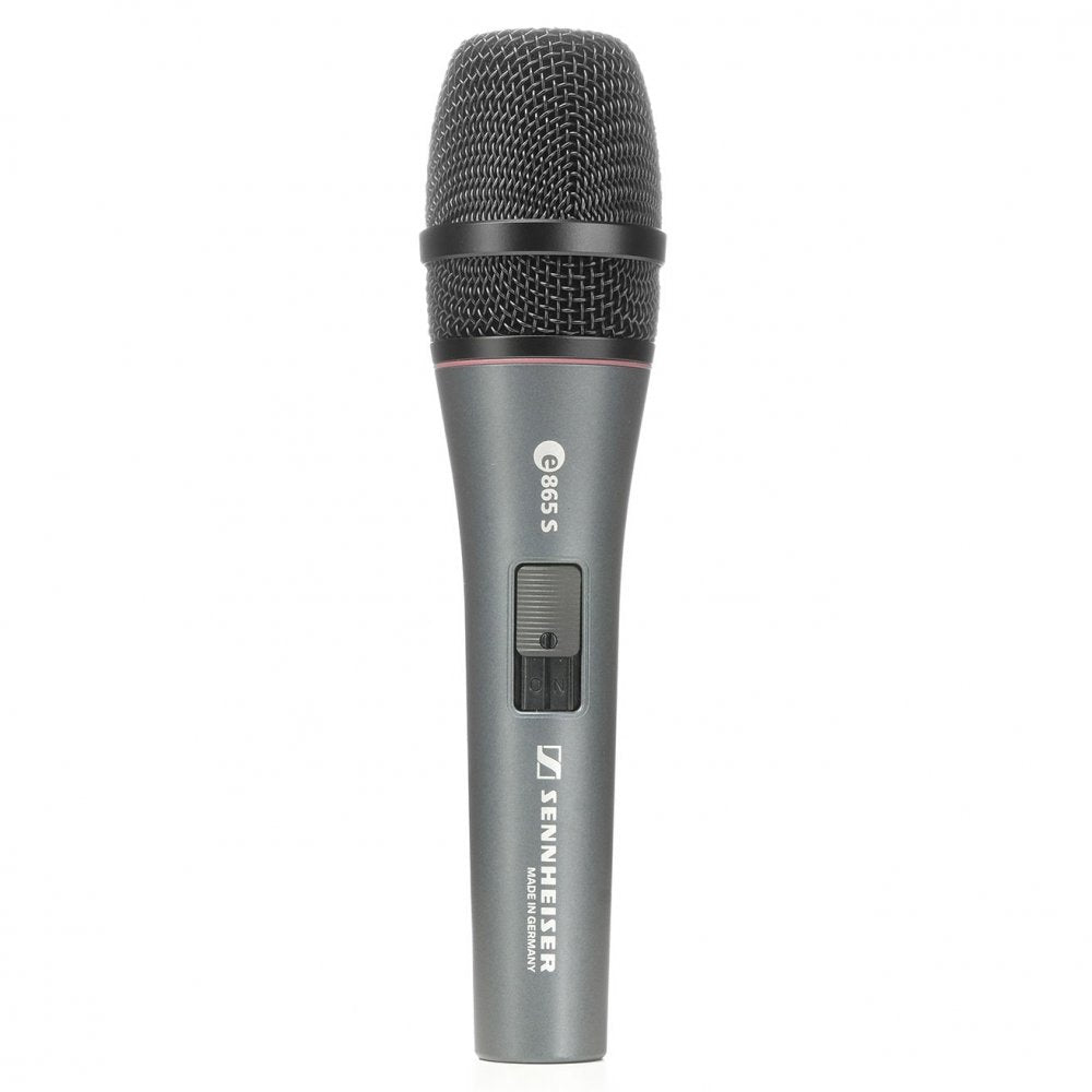 Black and gray handheld microphone with a mesh grille and on/off switch on the body.