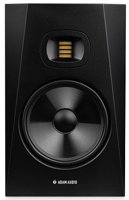 Front view of a black studio monitor speaker with logo and dual drivers.