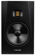 Front view of a black studio monitor speaker with logo and dual drivers.
