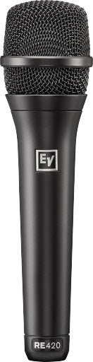 Black handheld microphone with metal mesh grille and EV and RE420 markings.