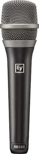 Black handheld microphone with silver mesh grille and Ev logo on body