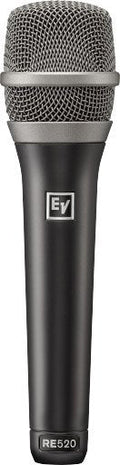 Black handheld microphone with silver mesh grille and Ev logo on body