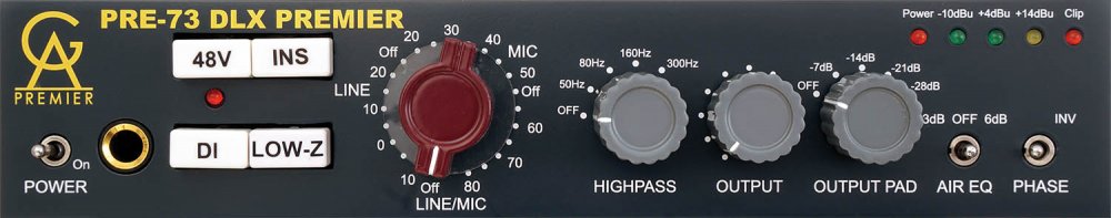 Front panel of a Golden Age Premier PRE-73 DLX device with multiple knobs, switches, and indicator lights.