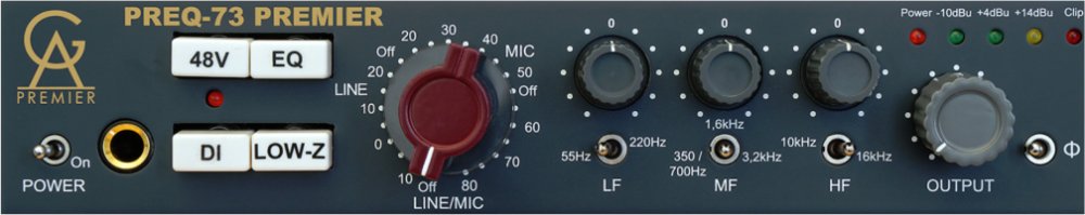 Close-up view of an audio device front panel with knobs, switches, a 1/4 inch jack, and indicator lights.