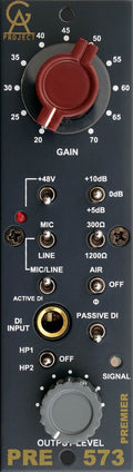 Front panel of audio device with gain and output level controls, toggle switches, and DI input jack