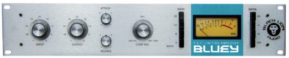 Front panel of a Black Lion Audio Bluey limiter amplifier with knobs, meter, and controls.