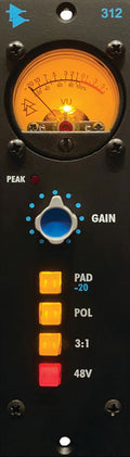 Close-up view of a microphone preamp front panel with VU meter, gain knob, and illuminated function buttons.