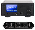 Black Benchmark HPA4 headphone amplifier with display and a black remote control with multiple buttons.