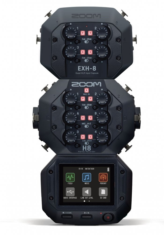 Black audio mixer device with multiple rotary knobs, push buttons, and a touchscreen display showing app icons.