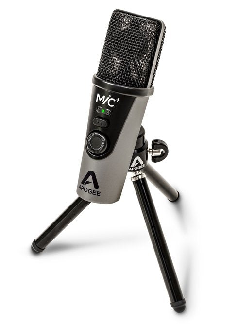 Gray and black microphone labeled MIC+ on a small tripod stand with APOGEE branding