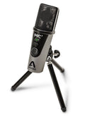 Gray and black microphone labeled MIC+ on a small tripod stand with APOGEE branding